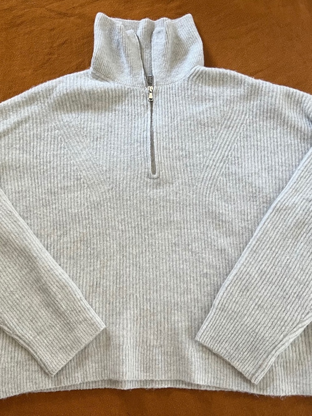 J. Crew Women's Wool Blend Ribbed Quarter Zip Light Gray Pullover Sz Large